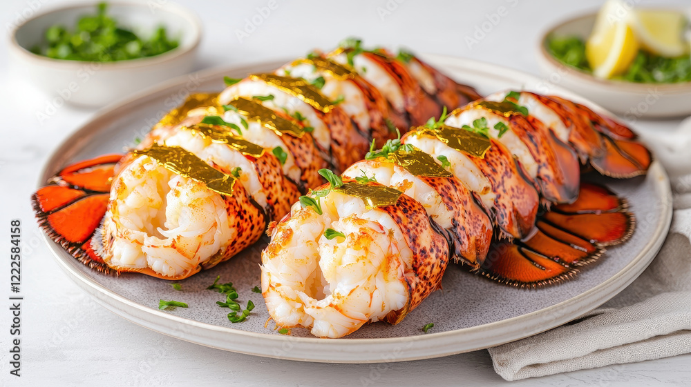Luxurious lobster tail garnished with gold leaf and herbs Luxurious lobster tail garnished with gold leaf and herbs