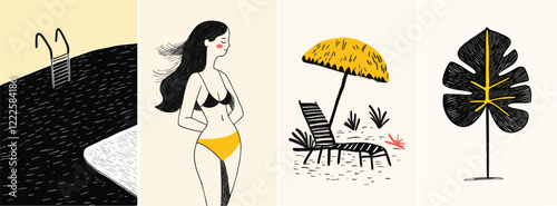Summer holiday and travel hand drawn style poster illustration set