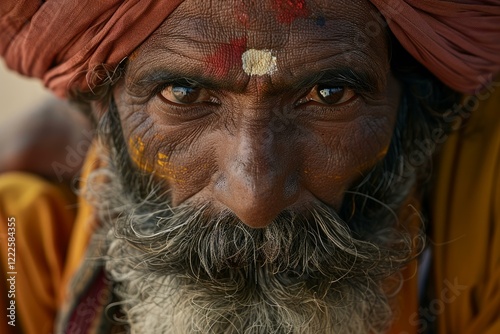 Portrait of a sadhu with tilaka on his forehead and long beard, wearing orange turban photo