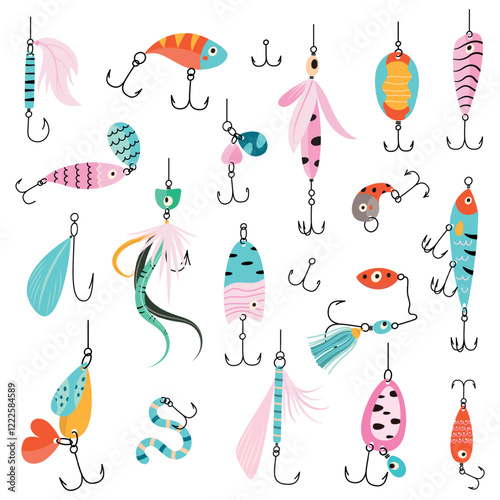 Fishing bait set. Different lures for fishing process. Isolated equipment for seasonal hobby, catching fish in pond or river tools, tackles nowaday vector set