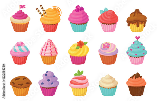 Sweet cupcakes. Chocolate vanilla cupcake with creamy hats and berries. Cartoon sweet bake desserts, isolated tasty muffins neoteric vector clipart