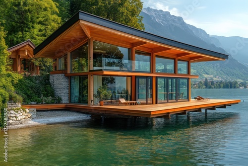 A lakeside retreat with angular timber construction, large windows, and a cantilevered balcony over the water