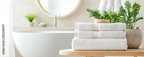 Eco-Friendly living concept. A serene bathroom scene with white towels and a refreshing plant decor.