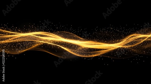 Glowing golden fiber optic light strands contrasted against a black background.