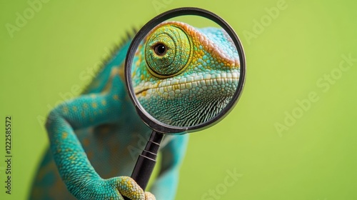 A chameleon holds a magnifying glass.