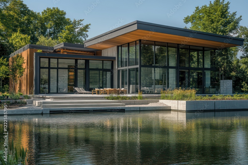 Fototapeta premium A lakeside retreat with modular construction, large glass sections, and a mix of concrete and timber materials