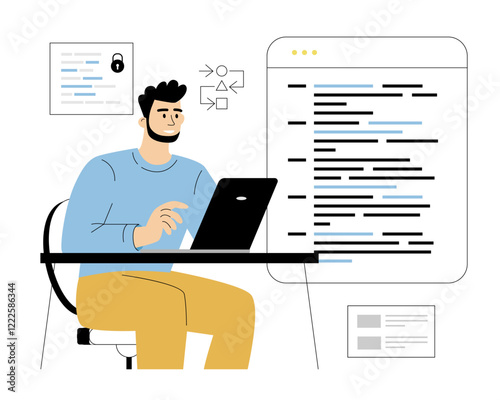 Software Development. Man sitting at workplace at laptop and developing application or website, uses programming languages and creates digital product. Vector illustration on isolated white background