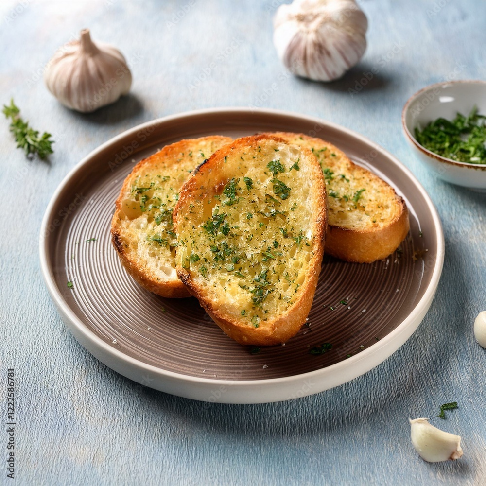Tasty crispy garlic bread in plate Tasty crispy garlic bread in plate