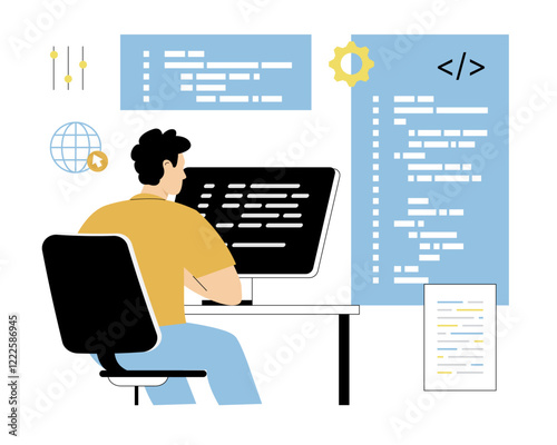 Software Development. Web developer creating program code on monitor. Vector illustration on isolated white background.	