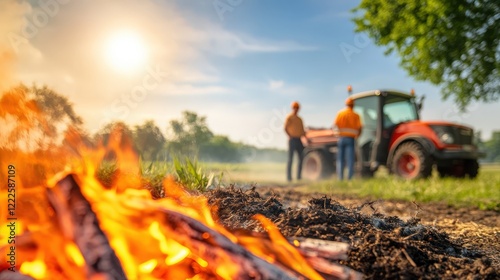 Farmers Collaborating Beside a Vibrant Campfire on Sunny Day