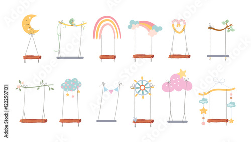 Cartoon swings collection. Isolated swing with abstract decoration, hang hammocks hanging on moon, cloud, rainbow, steering wheel, tree branch, vector set