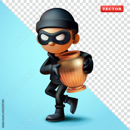 Thief steals luxury gold jar, 3d vector. Perfect for security