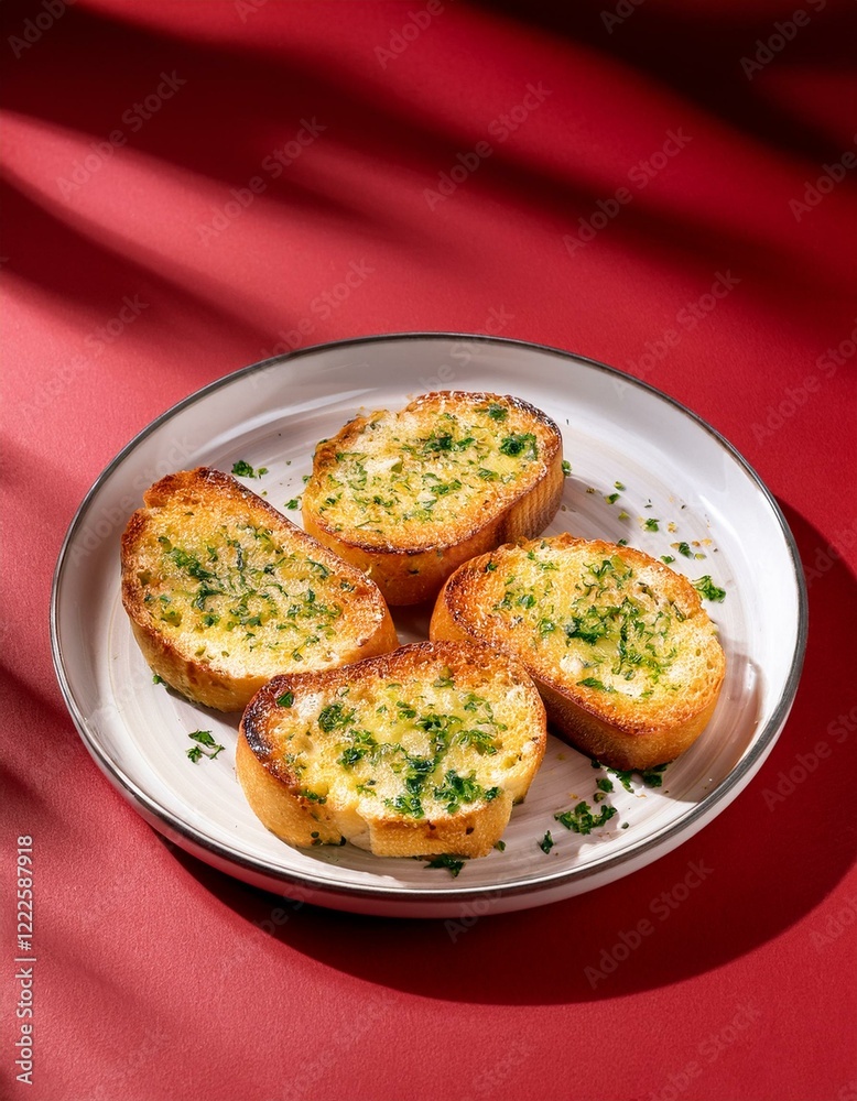 Tasty crispy garlic bread in plate on red background Tasty crispy garlic bread in plate on red background