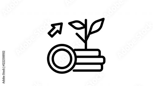 Investment plant on top of coins with up arrow depicts financial growth and investment. Suitable for finance, investing, growth concepts.
