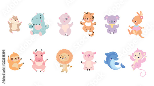 Funny cartoon sitting animals. Baby animal, hippo sloth koala tiger leo hamster cow piggy monkey bear and dolphin. Children mascots vector clipart