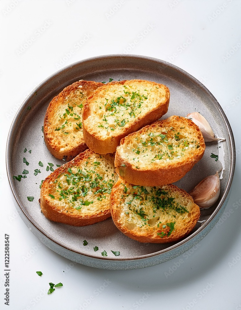 Tasty crispy garlic bread in plate on white background