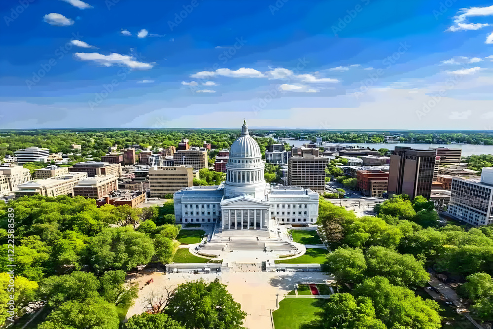 Obraz premium Majestic Capitol Building dominates the cityscape, surrounded by lush green parks under a bright blue sky.