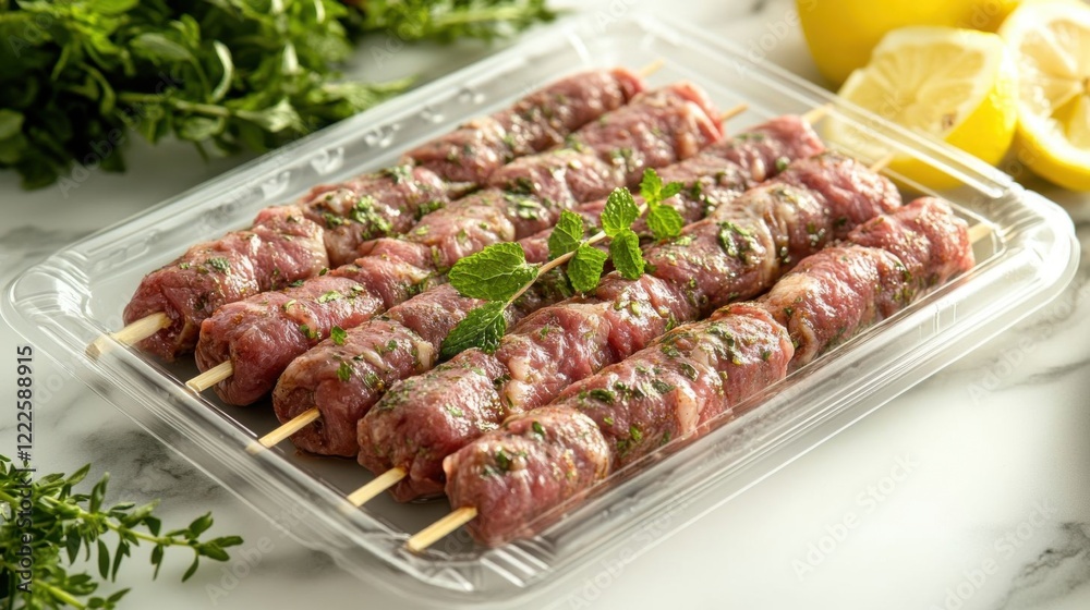Spiced lamb kebabs on a tray. Spiced lamb kebabs on a tray.