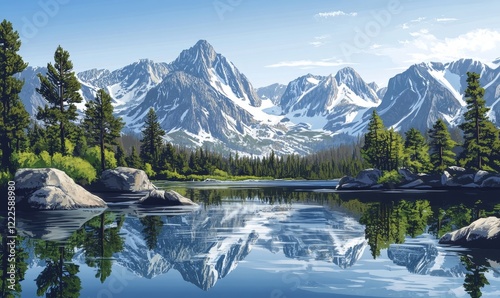 Serene Mountain Lake Landscape with Snowy Peaks, Clear Reflections, and Lush Greenery Under a Bright Blue Sky for Nature Lovers and Tranquility Seekers, Generative AI