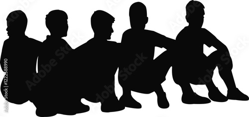 five children, sitting body silhouette vector