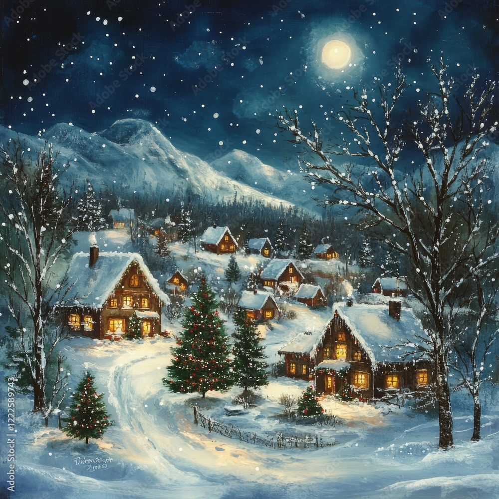 Christmas card in retro style. Winter landscape with a small village at night. Vector illustration. Christmas card in retro style. Winter landscape with a small village at night. Vector illustration.