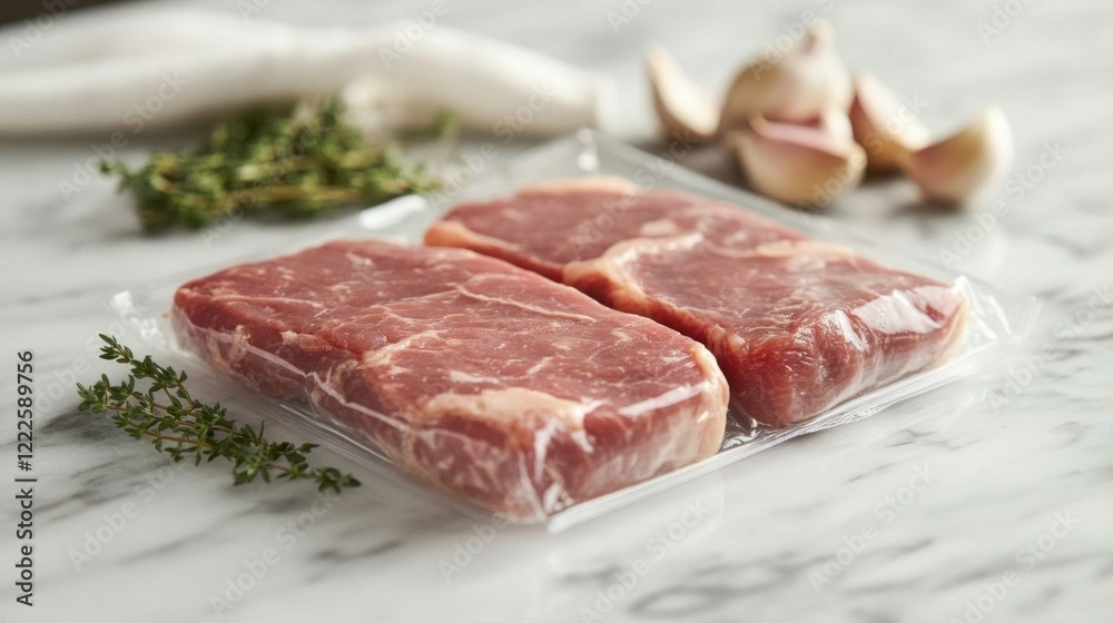 Fototapeta premium Vacuum-sealed pork chops on marble.