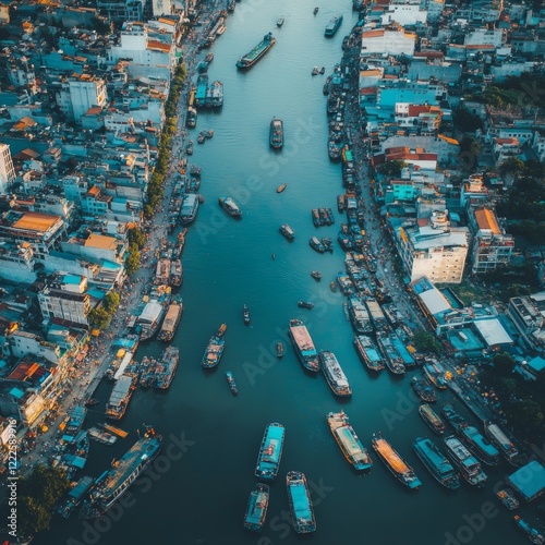 Royalty high quality free stock image aerial view of boats in river side ho chi minh, Vietnam. The biggest city in Vietnam, Vietnam. Boats in river side ho chi minh 