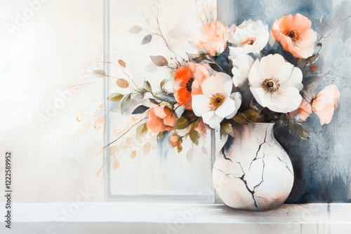 Fototapeta Naklejka Na Ścianę i Meble -  A delicate watercolor of a cracked vase on a windowsill, with flowers wilting beside it, symbolizing broken expectations and the passage of time, painted in somber yet gentle hues