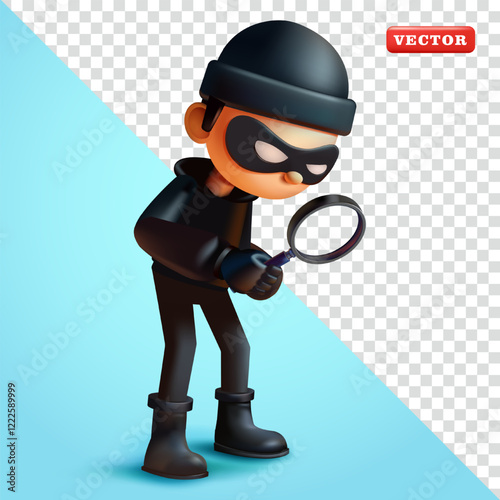 Thief looking with magnifying glass, 3d vector. Suitable for security and searching