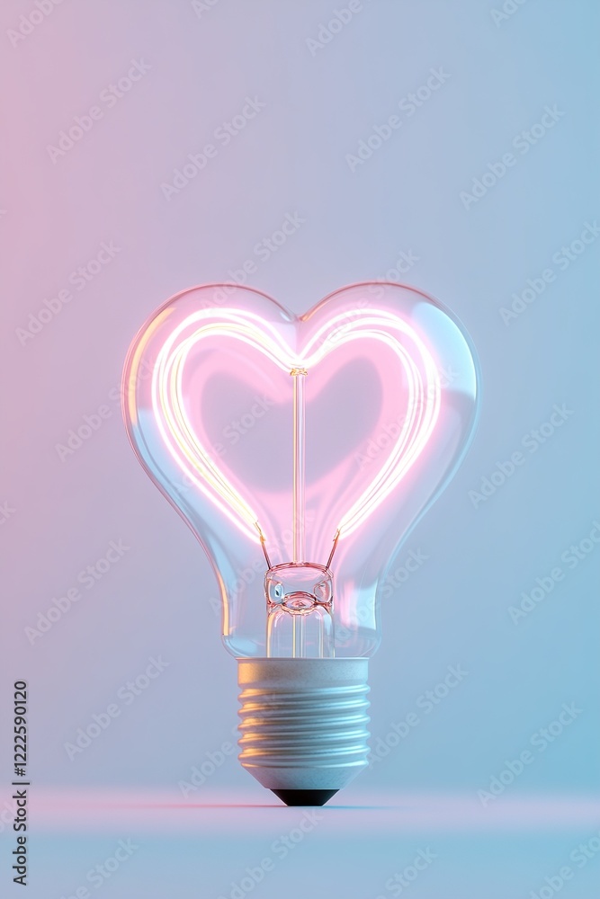 A modern light bulb glows softly with a heart-shaped filament, set against a neutral pastel gradient. This design symbolizes creativity and warmth, ideal for text overlay A modern light bulb glows softly with a heart-shaped filament, set against a neutral pastel gradient. This design symbolizes creativity and warmth, ideal for text overlay
