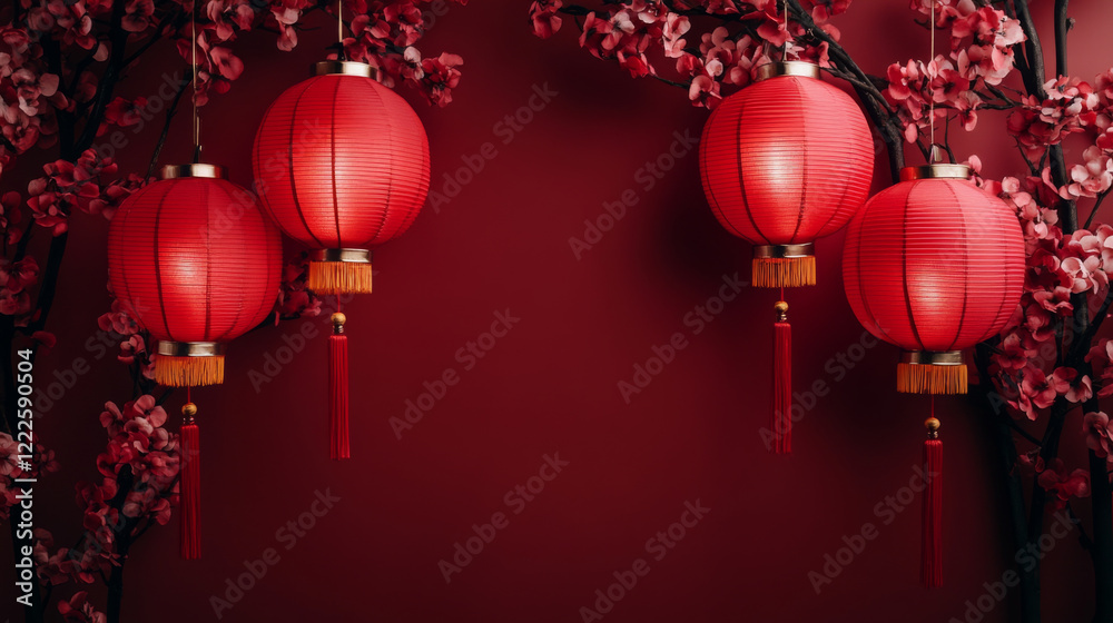Red lanterns and cherry blossoms on red background create festive atmosphere Red lanterns and cherry blossoms on red background create festive atmosphere