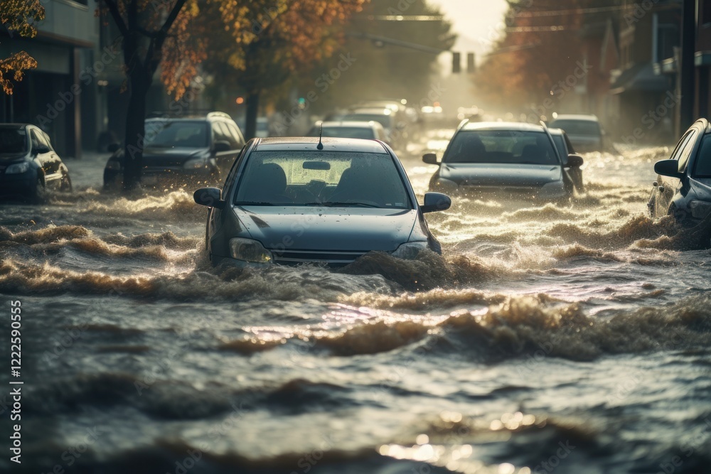 Obraz premium Cars struggle through a flooded street, water rushing around vehicles. Urban flooding causes chaos, with cars submerged, street waterlogged, and traffic halted.