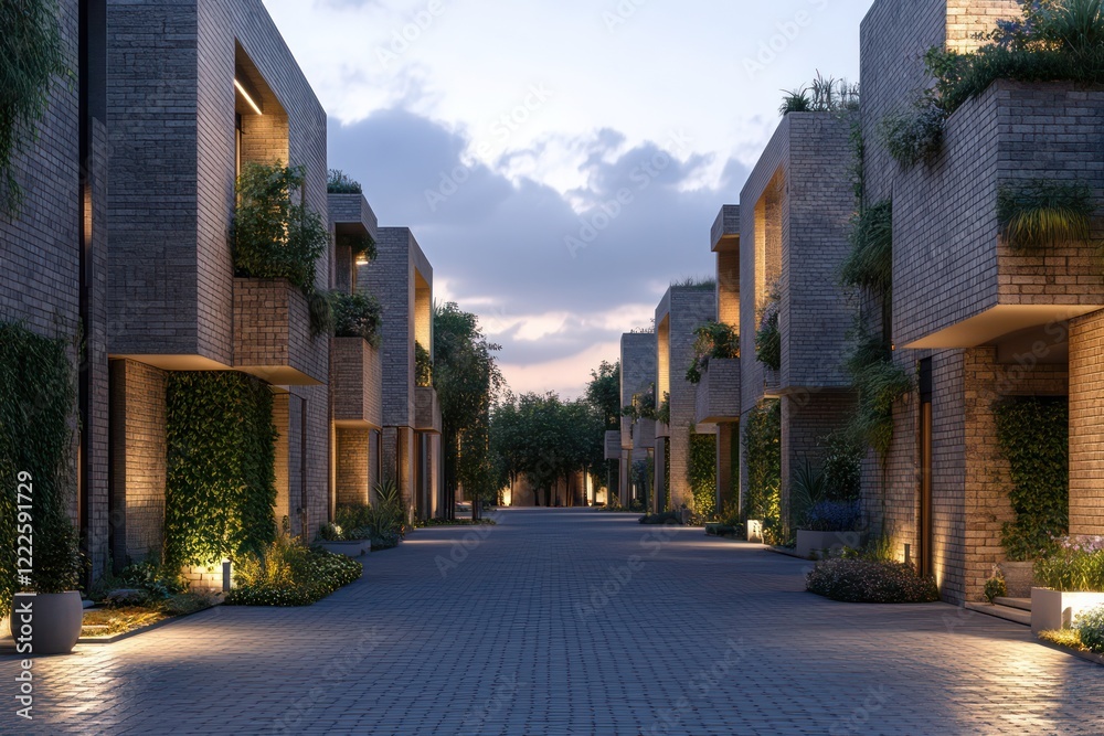 Fototapeta premium A low-rise urban complex with textured brick walls, simple vertical gardens, and soft evening lighting