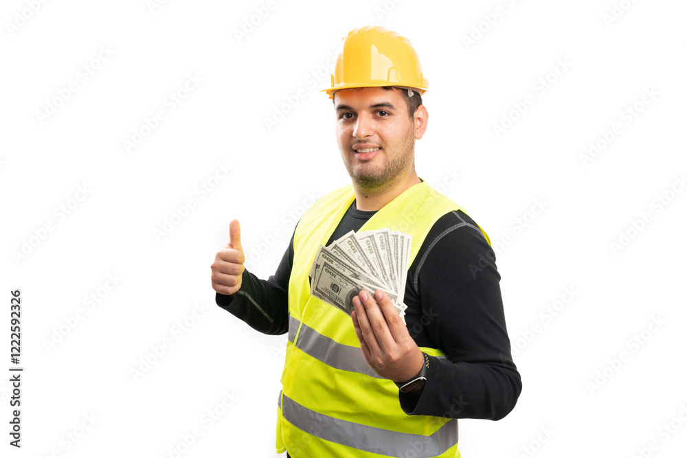 Happy construction worker showing like gesture presenting money Happy construction worker showing like gesture presenting money