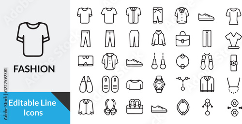 set of 35 icons of fashion and cloths line art. vector editable