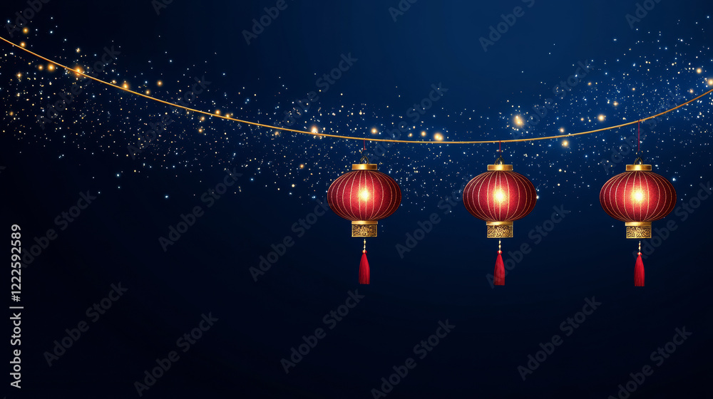 Red lanterns with golden lights on dark blue background Red lanterns with golden lights on dark blue background