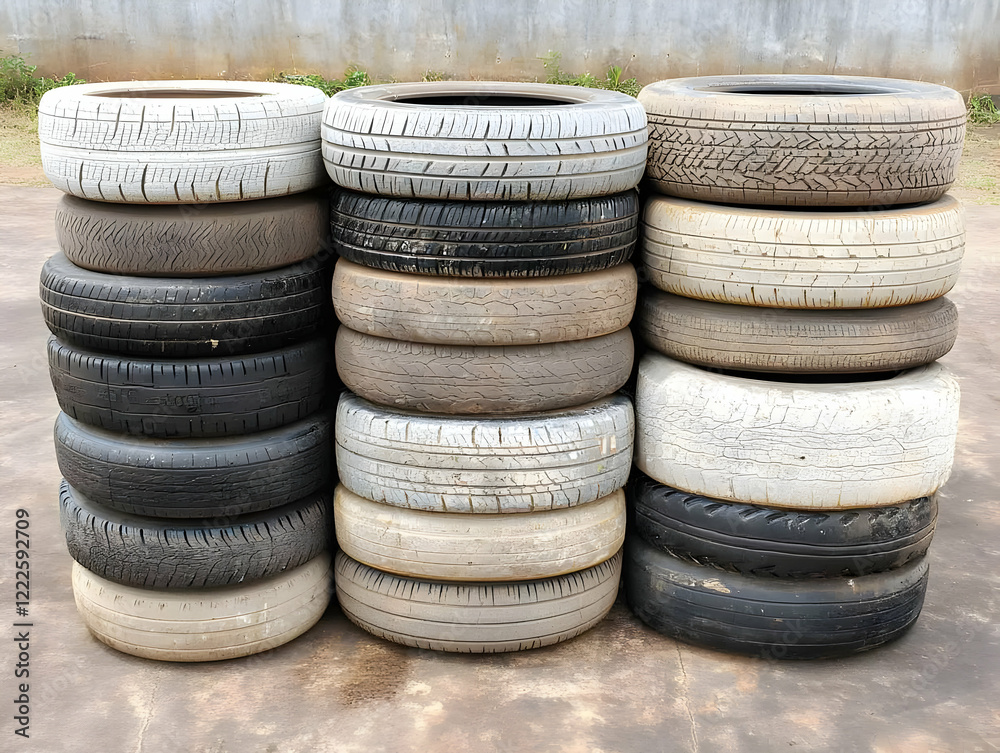 Stacks of Old and Weathered Tires Piled High on Concrete Surface Displaying Various States of Wear. Stacks of Old and Weathered Tires Piled High on Concrete Surface Displaying Various States of Wear.
