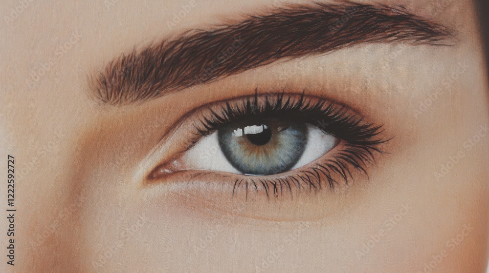 Obraz premium Close-up of a woman's beautiful blue eye with defined eyebrows and long lashes.