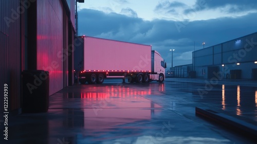 A white semi-trailer truck parked at a warehouse entrance during twilight, with soft reflections on the wet pavement, emphasizing logistics and transport