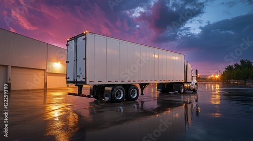 A white semi-trailer truck parked at a warehouse entrance during twilight, with soft reflections on the wet pavement, emphasizing logistics and transport