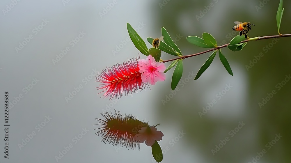 Obraz premium Stunning Red and Pink Callistemon Flowers with Bees by Water Reflection