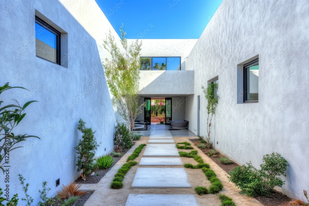 A L-shaped house with white stucco walls, a narrow courtyard, and minimalist landscaping