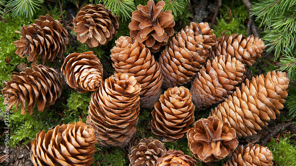 Close-up view of various pine cones resting on lush green moss in a serene forest setting Close-up view of various pine cones resting on lush green moss in a serene forest setting