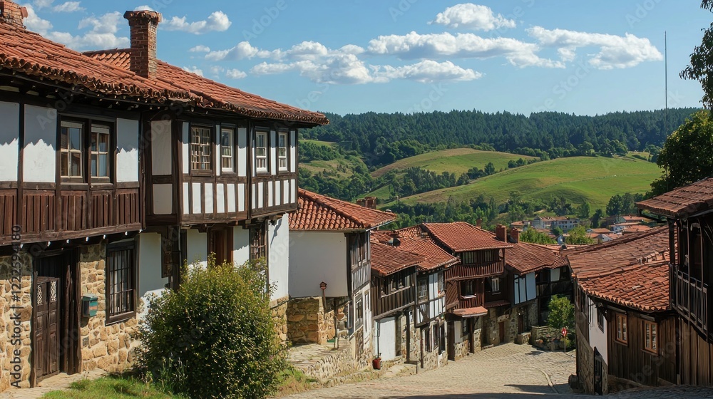 Hillside village street, scenic valley view, rustic houses, summer Hillside village street, scenic valley view, rustic houses, summer