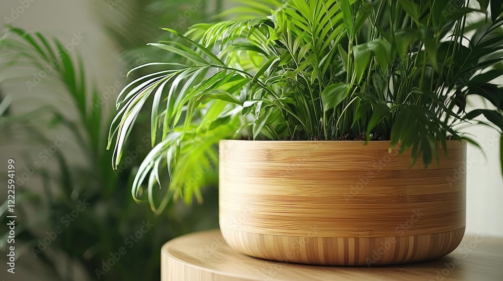 Green design minimalist concept. A lush green indoor plant in a wooden pot, enhancing home decor and ambiance. Green design minimalist concept. A lush green indoor plant in a wooden pot, enhancing home decor and ambiance.