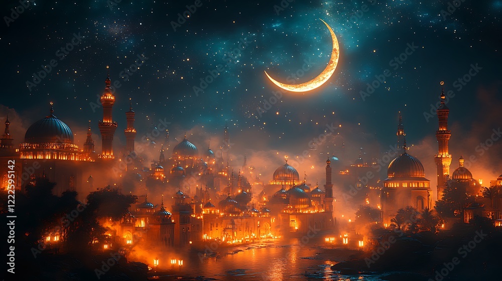 Naklejka premium Crescent Moon Over an Illuminated Fantasy Cityscape with Starry Sky