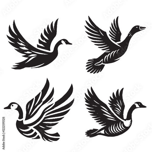 4 SET OF BLACK High-Quality Vector Silhouette of a Flying Hawaiian Goose on White Background" 