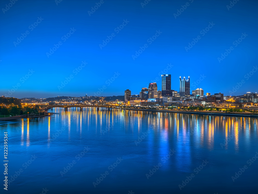 Fototapeta premium Cityscape Reflects in River at Twilight with Vibrant Colors across the Water Beautifully