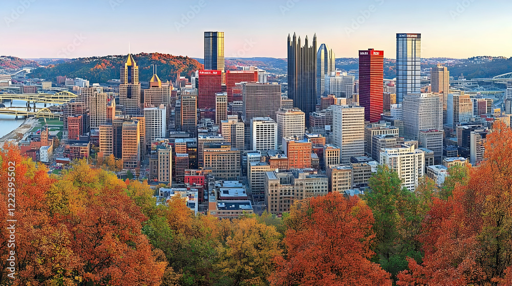 Obraz premium Vibrant cityscape meets autumn foliage: A picturesque urban scene with colorful trees in the foreground.