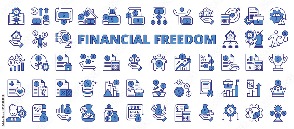 Obraz premium Financial freedom, icon in line design, blue. Financial freedom, wealth, independence, money, investment, savings, success on white background vector. Financial freedom editable stroke icons
